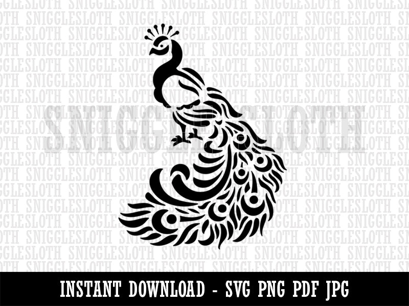 Peacock with Draping Tail Feathers Clipart Digital Download SVG PNG JPG PDF Cut Files