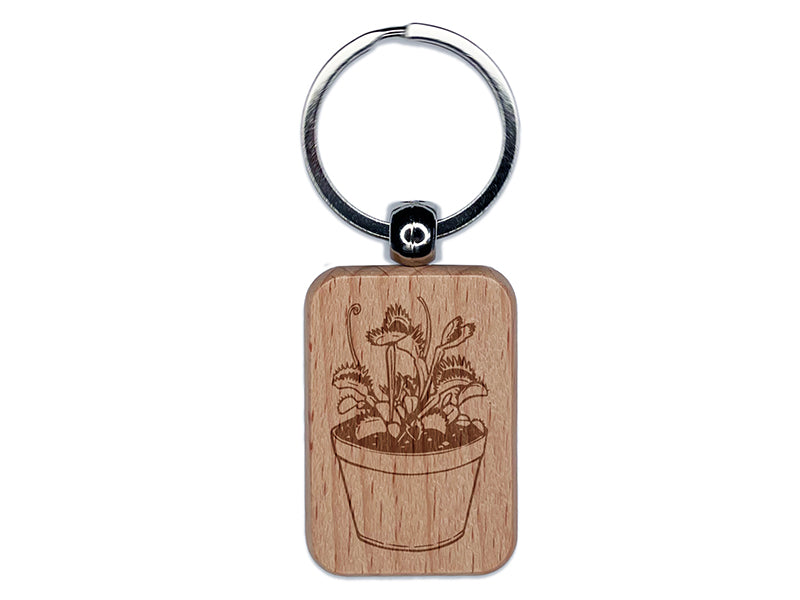Venus Flytrap Carnivorous Potted Plant Engraved Wood Rectangle Keychain Tag Charm