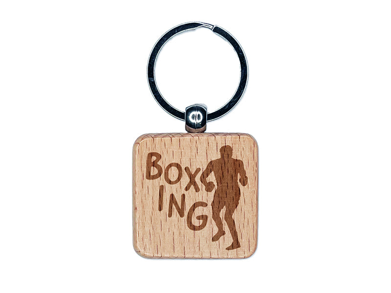 Boxer Boxing Fun Text Engraved Wood Square Keychain Tag Charm