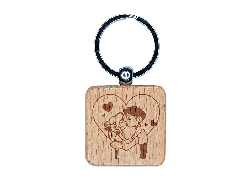 Cute Kissing Couple Love Anniversary Valentine's Day Engraved Wood Square Keychain Tag Charm