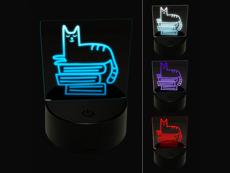 Cat and Books Reading Doodle 3D Illusion LED Night Light Sign Nightstand Desk Lamp