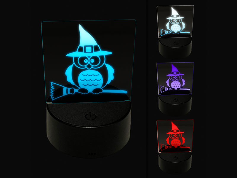 Owl with Witch Hat on Broom Halloween 3D Illusion LED Night Light Sign Nightstand Desk Lamp
