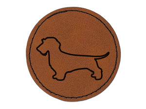 Wirehaired Dachshund Dog Outline Round Iron-On Engraved Faux Leather Patch Applique - 2.5"