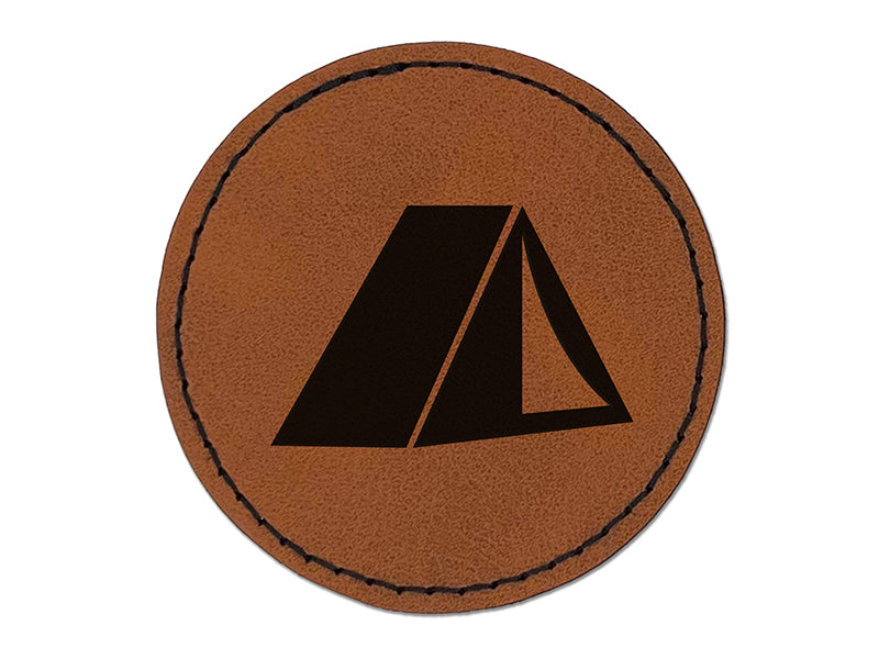 Tent Camping Round Iron-On Engraved Faux Leather Patch Applique - 2.5"