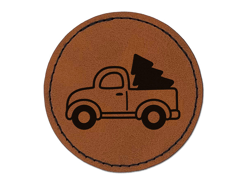 Cute Truck with Christmas Tree Round Iron-On Engraved Faux Leather Patch Applique - 2.5"