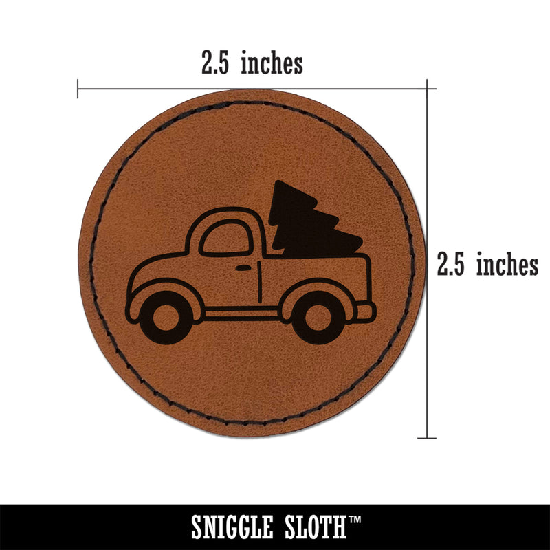 Cute Truck with Christmas Tree Round Iron-On Engraved Faux Leather Patch Applique - 2.5"