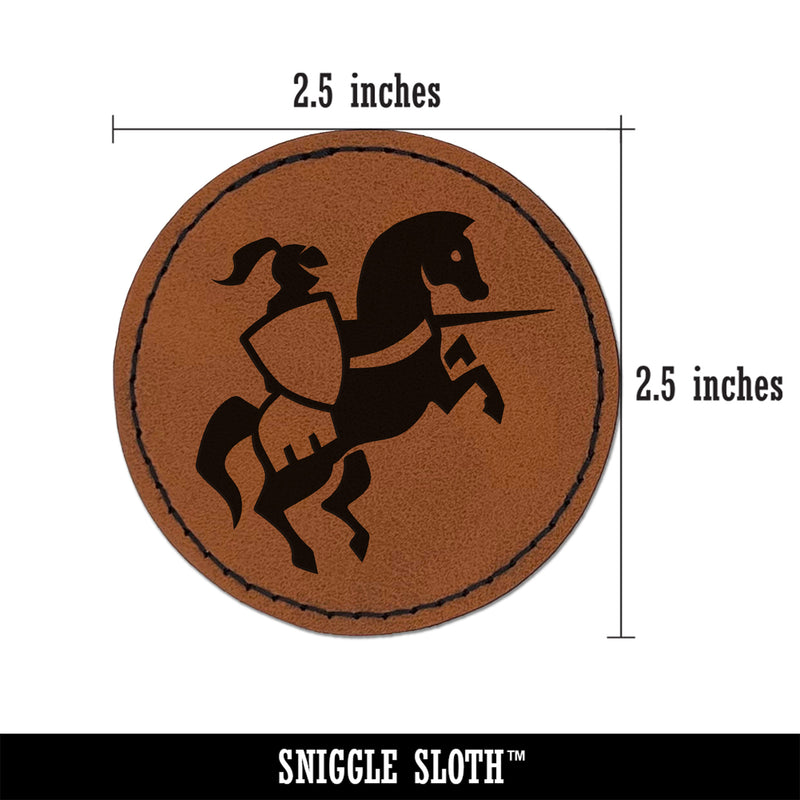 Jousting Knight with Lance on Horse Round Iron-On Engraved Faux Leather Patch Applique - 2.5"