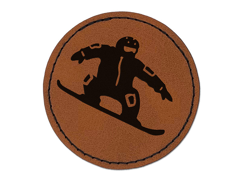 Snowboarder Jumping Extreme Winter Sports Round Iron-On Engraved Faux Leather Patch Applique - 2.5"
