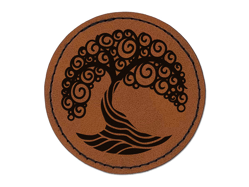 Abstract Tree of Life Round Iron-On Engraved Faux Leather Patch Applique - 2.5"