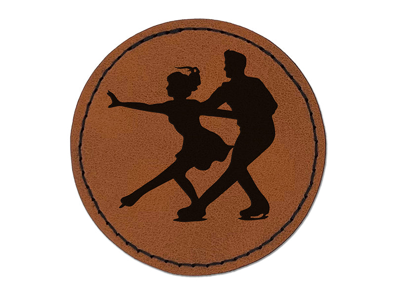 Figure Skating Couple Ice Skaters Round Iron-On Engraved Faux Leather Patch Applique - 2.5"