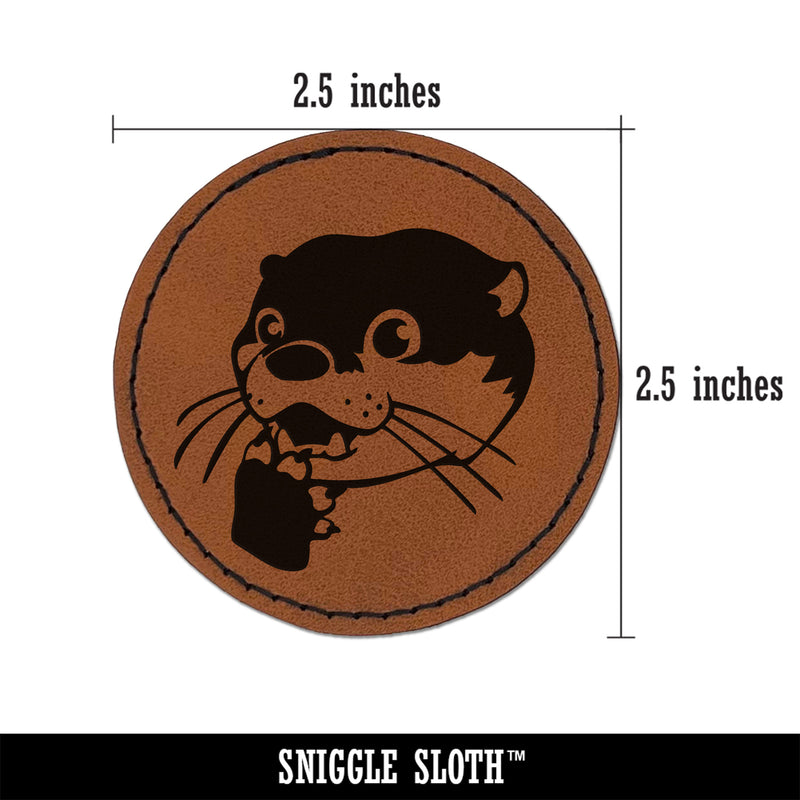 Shocked Surprised Otter Head Round Iron-On Engraved Faux Leather Patch Applique - 2.5"