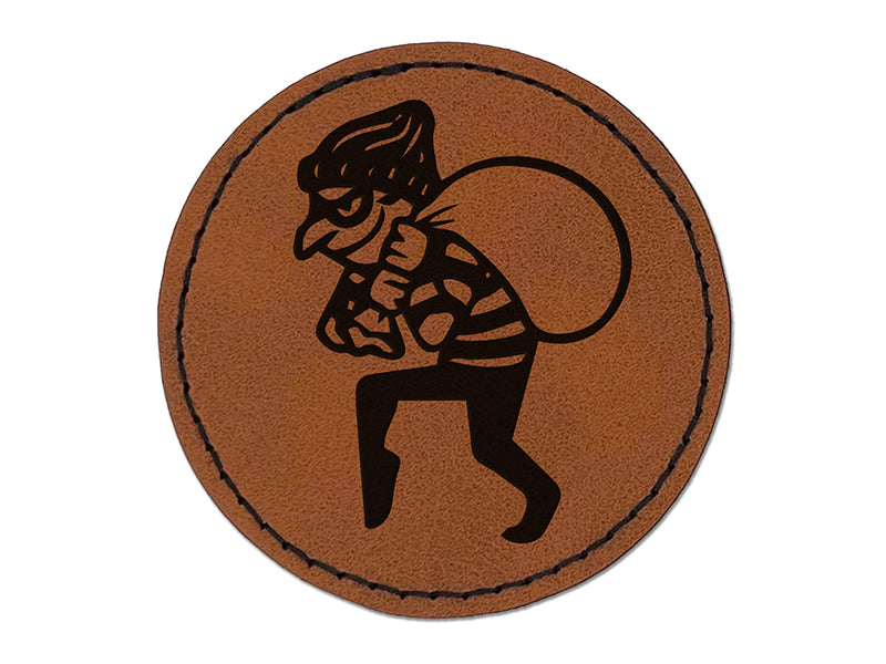Sneaky Thief Robber with Sack Round Iron-On Engraved Faux Leather Patch Applique - 2.5"