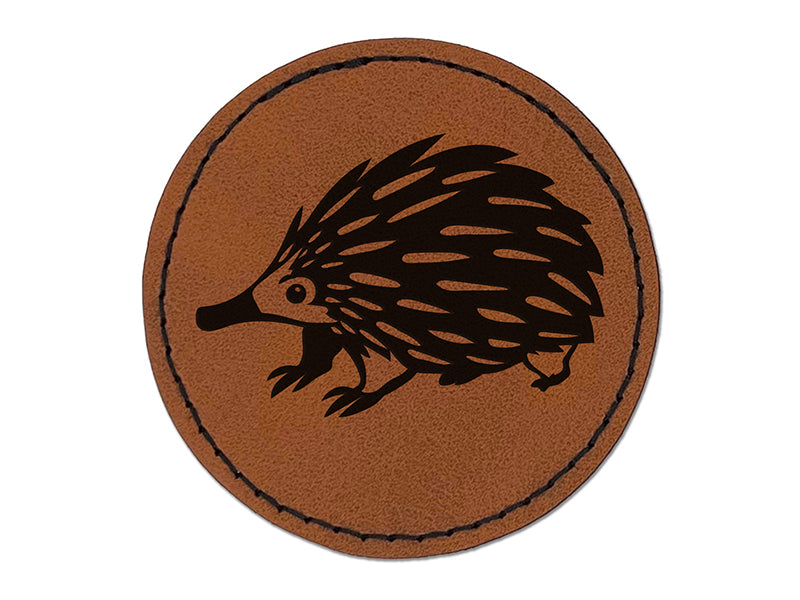 Spikey Echidna Weird Animal Round Iron-On Engraved Faux Leather Patch Applique - 2.5"