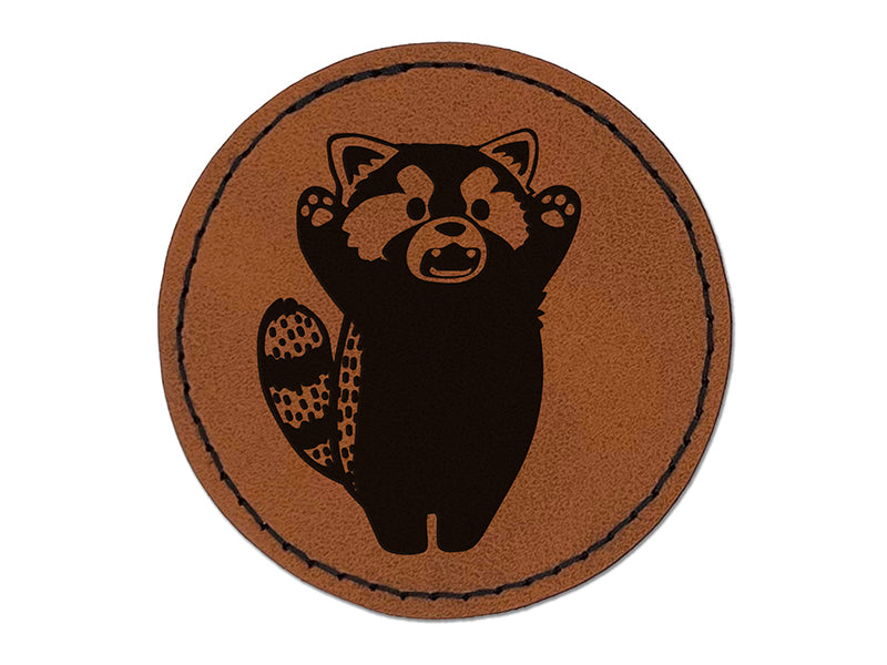 Surprised Red Panda Standing Round Iron-On Engraved Faux Leather Patch Applique - 2.5"