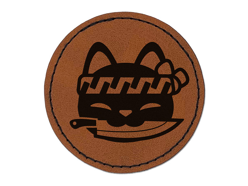 Sushi Cat Chef Knife Round Iron-On Engraved Faux Leather Patch Applique - 2.5"