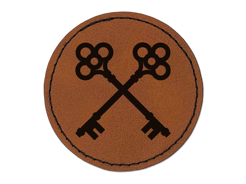 Two Crossed Keys Round Iron-On Engraved Faux Leather Patch Applique - 2.5"
