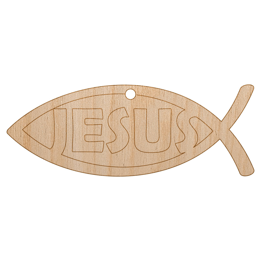 Jesus Ichthys Fish Christian Sketch Unfinished Craft Wood Holiday Christmas Tree DIY Pre-Drilled Ornament
