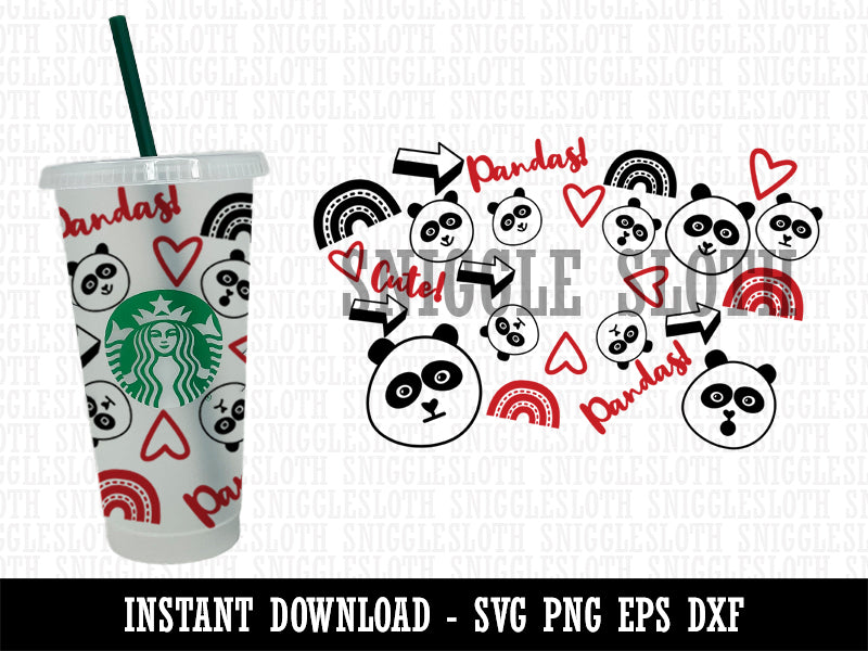 Cute Panda Faces Happy Sad Meh Rainbows Hearts Starbucks 24oz Venti Cold Cup SVG PNG EPS DXF File