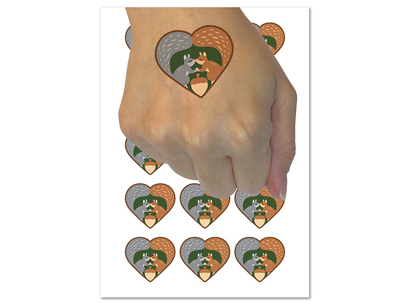 Kissing Squirrels Heart Acorn Temporary Tattoo Water Resistant Fake Body Art Set Collection (1 Sheet)