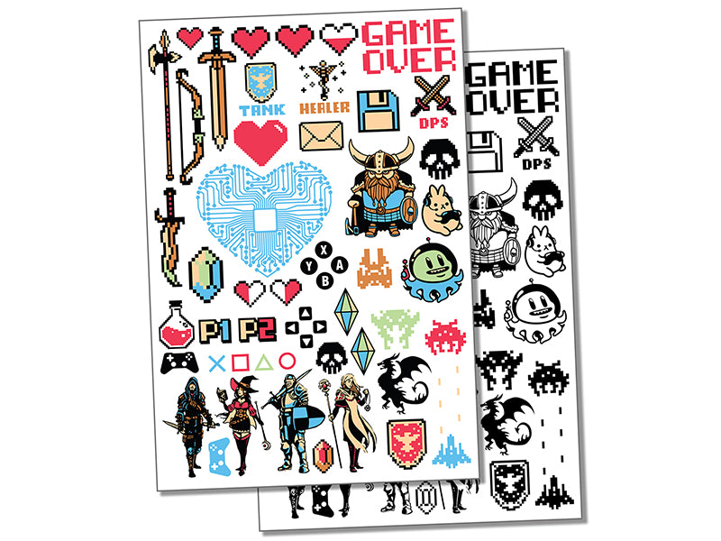 Pixel Retro Video Games Temporary Tattoo Water Resistant Fake Body Art Set Collection