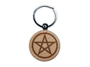 Pentagram Star in Circle Engraved Wood Round Keychain Tag Charm