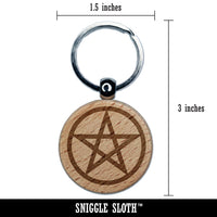 Pentagram Star in Circle Engraved Wood Round Keychain Tag Charm