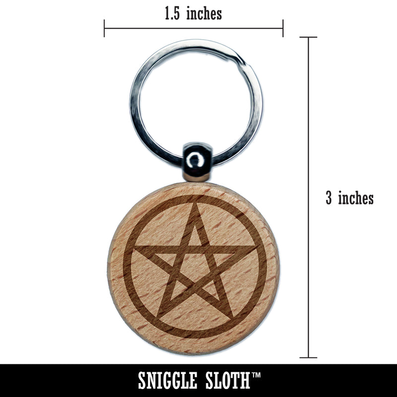 Pentagram Star in Circle Engraved Wood Round Keychain Tag Charm