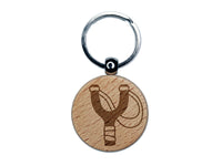 Slingshot Catapult Peashooter Engraved Wood Round Keychain Tag Charm