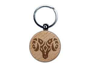 Southwestern Style Tribal Goat Ram Horns Engraved Wood Round Keychain Tag Charm