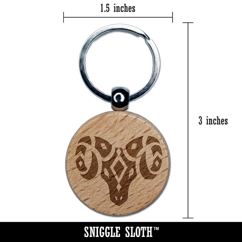 Southwestern Style Tribal Goat Ram Horns Engraved Wood Round Keychain Tag Charm