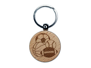 Sporting Event Football Basketball Baseball Soccer Sports Balls Engraved Wood Round Keychain Tag Charm