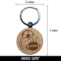 Sporting Event Football Basketball Baseball Soccer Sports Balls Engraved Wood Round Keychain Tag Charm