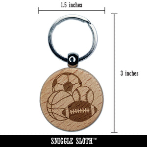 Sporting Event Football Basketball Baseball Soccer Sports Balls Engraved Wood Round Keychain Tag Charm