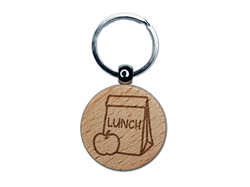 Brown Bag Lunch Engraved Wood Round Keychain Tag Charm