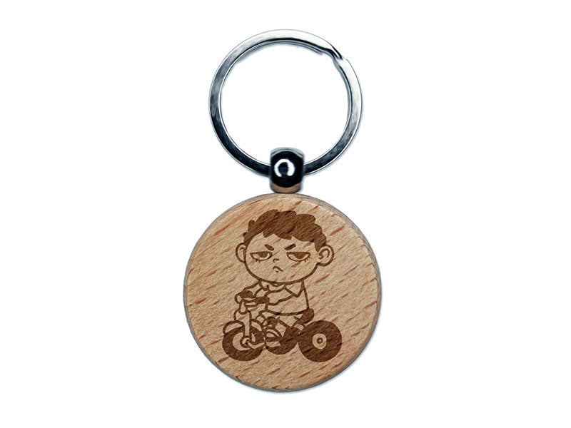 Bored Child Kid Boy On Tricycle Engraved Wood Round Keychain Tag Charm