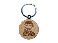 Bored Child Kid Boy On Tricycle Engraved Wood Round Keychain Tag Charm