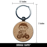 Bored Child Kid Boy On Tricycle Engraved Wood Round Keychain Tag Charm