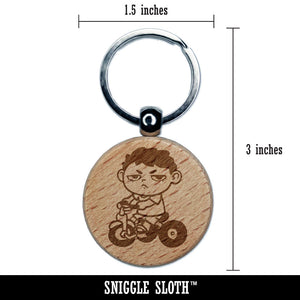 Bored Child Kid Boy On Tricycle Engraved Wood Round Keychain Tag Charm