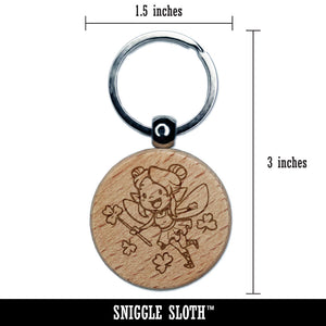 Clover Shamrock Fairy Pixie Saint Patricks Day Engraved Wood Round Keychain Tag Charm
