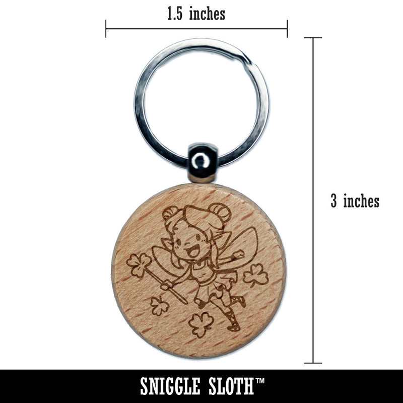 Clover Shamrock Fairy Pixie Saint Patricks Day Engraved Wood Round Keychain Tag Charm