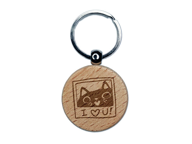 Cute Loving Kitty Cat Photo Engraved Wood Round Keychain Tag Charm