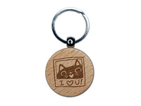 Cute Loving Kitty Cat Photo Engraved Wood Round Keychain Tag Charm