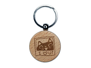 Cute Loving Kitty Cat Photo Engraved Wood Round Keychain Tag Charm