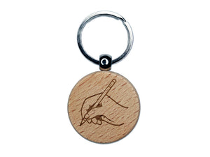 Delicate Hand with Pencil Writing Drawing Engraved Wood Round Keychain Tag Charm