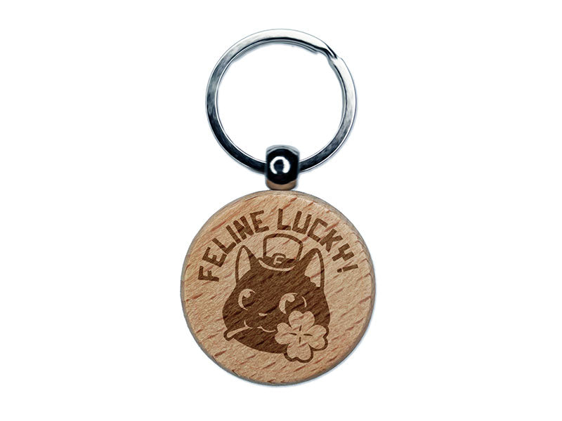 Feline Lucky Cat Leprechaun Hat Clover Saint Patricks Day Engraved Wood Round Keychain Tag Charm
