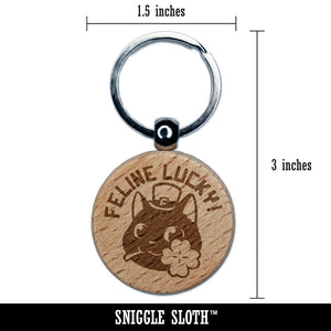 Feline Lucky Cat Leprechaun Hat Clover Saint Patricks Day Engraved Wood Round Keychain Tag Charm