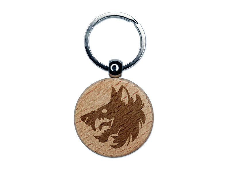 Fierce Wolf Head Emblem Engraved Wood Round Keychain Tag Charm