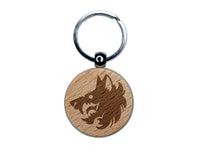 Fierce Wolf Head Emblem Engraved Wood Round Keychain Tag Charm