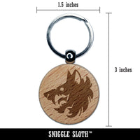 Fierce Wolf Head Emblem Engraved Wood Round Keychain Tag Charm
