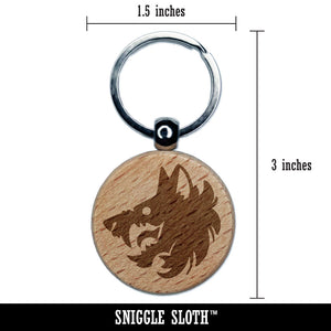 Fierce Wolf Head Emblem Engraved Wood Round Keychain Tag Charm